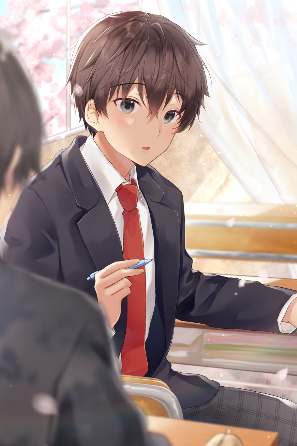 2boys bangs black_jacket blazer blurry blurry_foreground brown_hair chair cherry_blossoms collared_shirt commentary_request curtains day depth_of_field desk eyebrows_visible_through_hair flower grey_eyes grey_pants gyozanuko hair_between_eyes highres holding holding_pencil indoors jacket long_sleeves male_focus mechanical_pencil multiple_boys necktie on_chair open_blazer open_clothes open_jacket original pants pencil pink_flower red_neckwear school_chair school_desk shirt sitting solo_focus transparent tree_branch white_shirt window