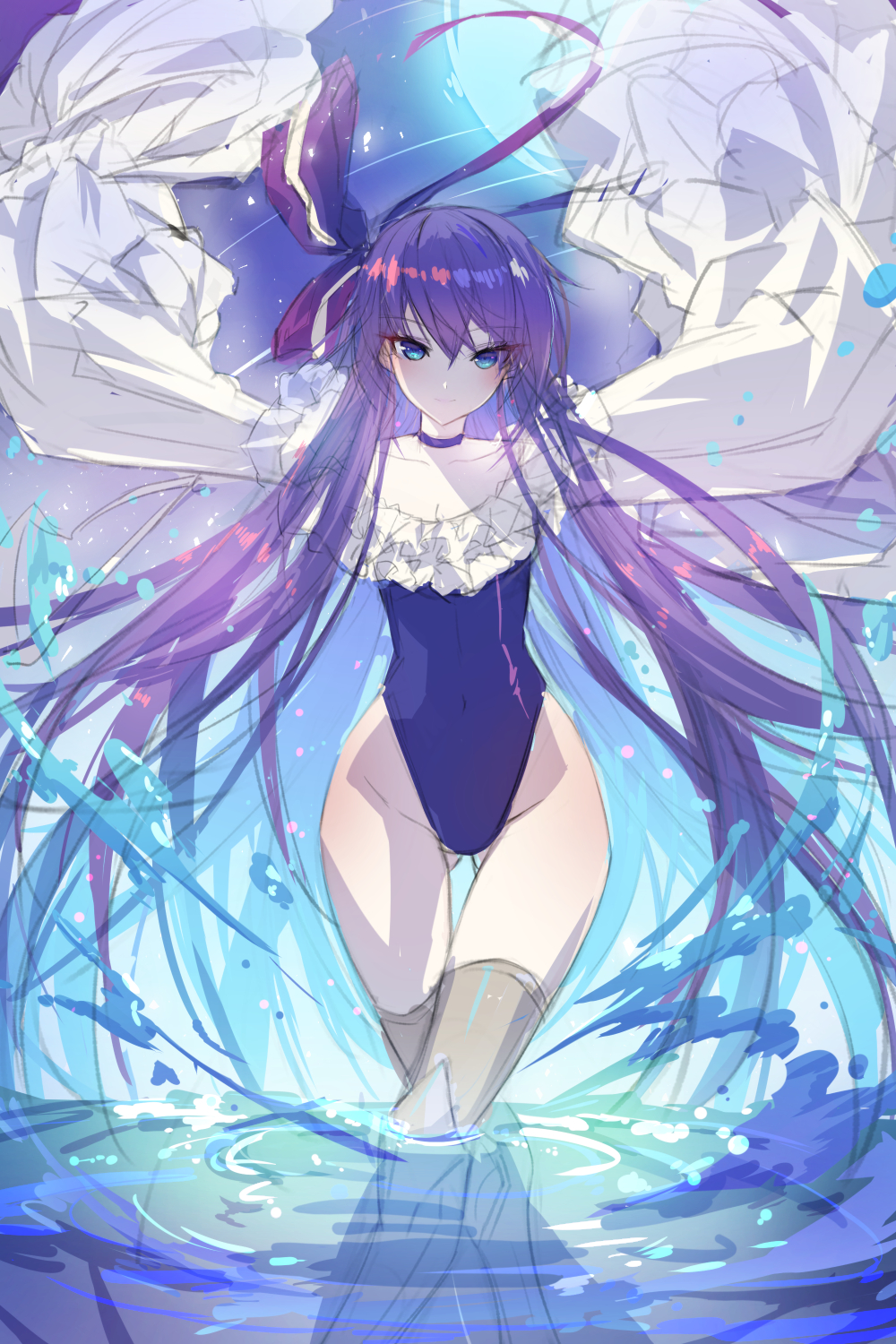 1girl bangs bare_shoulders blue_background blue_eyes blue_ribbon blush breasts choker closed_mouth collarbone fate/grand_order fate_(series) frills greaves hair_ribbon highleg highleg_swimsuit highres long_hair long_sleeves looking_at_viewer meltryllis meltryllis_(swimsuit_lancer)_(fate) off-shoulder_swimsuit one-piece_swimsuit prosthesis prosthetic_leg puffy_sleeves purple_hair ribbon rodway sleeves_past_fingers sleeves_past_wrists small_breasts smile solo swimsuit thighs very_long_hair wading water white_ribbon