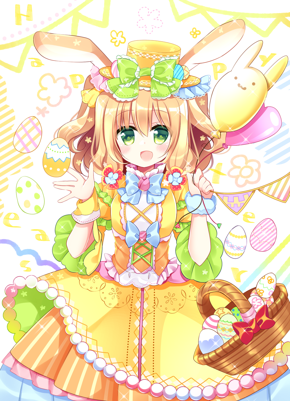 1girl :d animal_ears balloon bangs basket blush bow breasts commentary_request dress easter easter_egg egg eyebrows_visible_through_hair green_bow green_eyes hair_between_eyes hands_up hat hat_bow heart_balloon highres holding holding_balloon light_brown_hair looking_at_viewer mini_hat open_mouth original pennant pleated_dress rabbit_ears red_bow shikito short_sleeves small_breasts smile solo string_of_flags wide_sleeves yellow_dress yellow_headwear