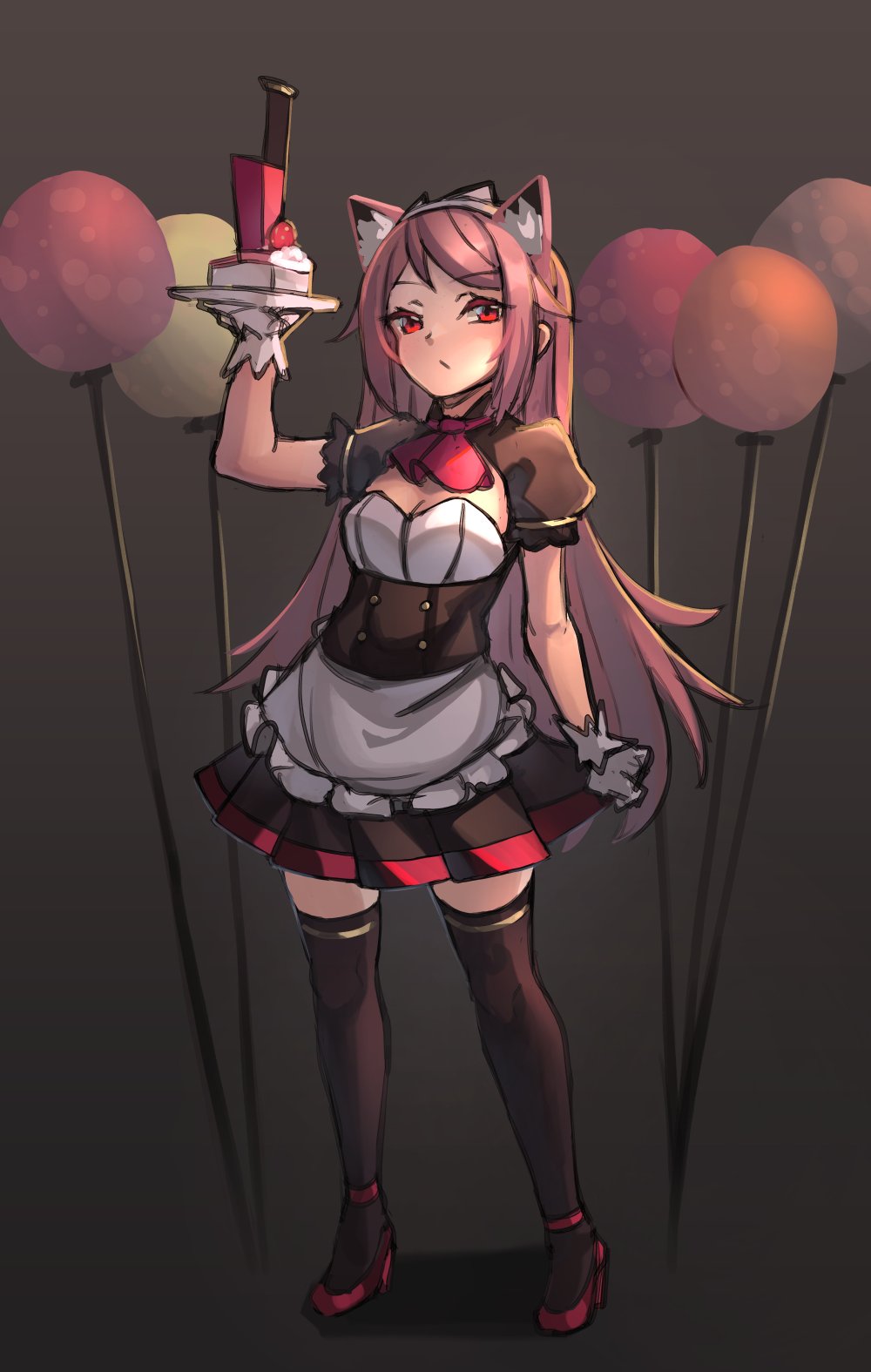 1girl animal_ear_fluff animal_ears apron arm_up ascot bangs black_dress black_legwear blush breasts brown_hair cake closed_mouth dress eyebrows_visible_through_hair food frilled_apron frills fruit full_body gloves grey_background high_heels highres holding holding_plate knife long_hair looking_at_viewer miya_(pixiv15283026) original plate pleated_dress puffy_short_sleeves puffy_sleeves red_eyes red_footwear red_neckwear shadow shoes short_sleeves slice_of_cake small_breasts solo standing strawberry thigh-highs tiara very_long_hair waist_apron white_apron white_gloves