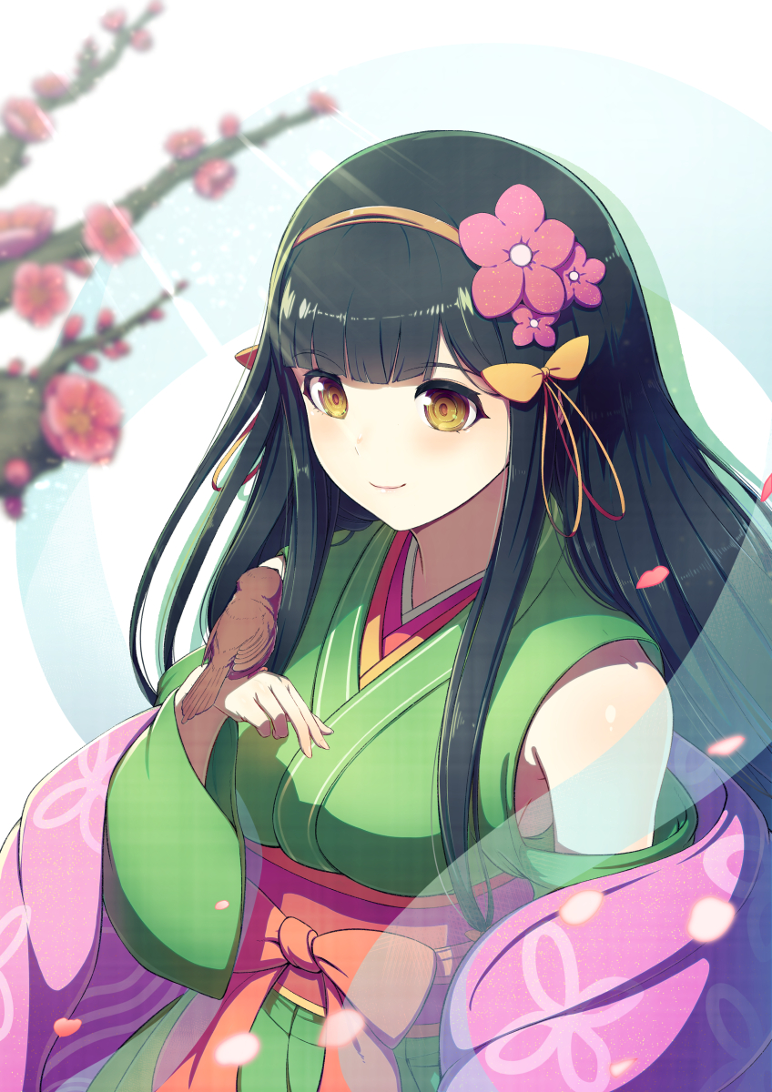 1girl bird bird_on_hand black_hair bow brown_eyes day detached_sleeves flower green_kimono hair_flower hair_ornament highres japanese_clothes kimono kyousin long_hair orange_bow otogi_resurrection outdoors petals smile solo sunlight taketori_karuta_(otoriza) upper_body virtual_youtuber