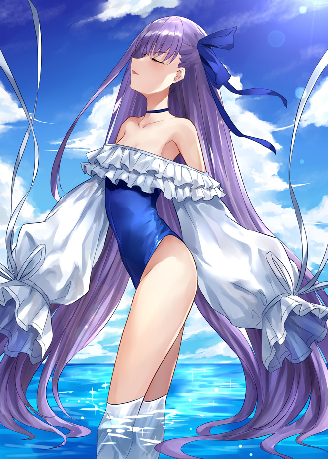 1girl asle bangs bare_shoulders blue_ribbon blue_sky blush breasts choker closed_eyes collarbone fate/grand_order fate_(series) frills greaves hair_ribbon highleg highleg_swimsuit long_hair long_sleeves meltryllis meltryllis_(swimsuit_lancer)_(fate) ocean off-shoulder_swimsuit one-piece_swimsuit parted_lips profanity prosthesis prosthetic_leg puffy_sleeves purple_hair ribbon sky sleeves_past_fingers sleeves_past_wrists small_breasts solo swimsuit thighs very_long_hair wading water white_ribbon