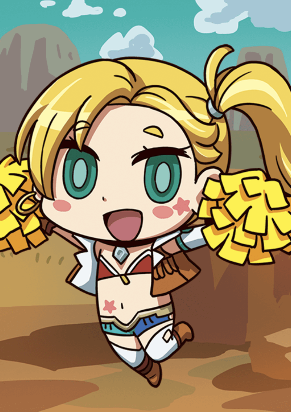 1girl april_fools blonde_hair blush_stickers calamity_jane_(fate/grand_order) chibi clouds cropped_vest fate/grand_order fate_(series) green_eyes highres long_hair midriff navel official_art open_mouth pom_pom_(clothes) riyo_(lyomsnpmp) side_ponytail smile solo star star_tattoo tattoo two-tone_shorts white_legwear yellow_pom_poms