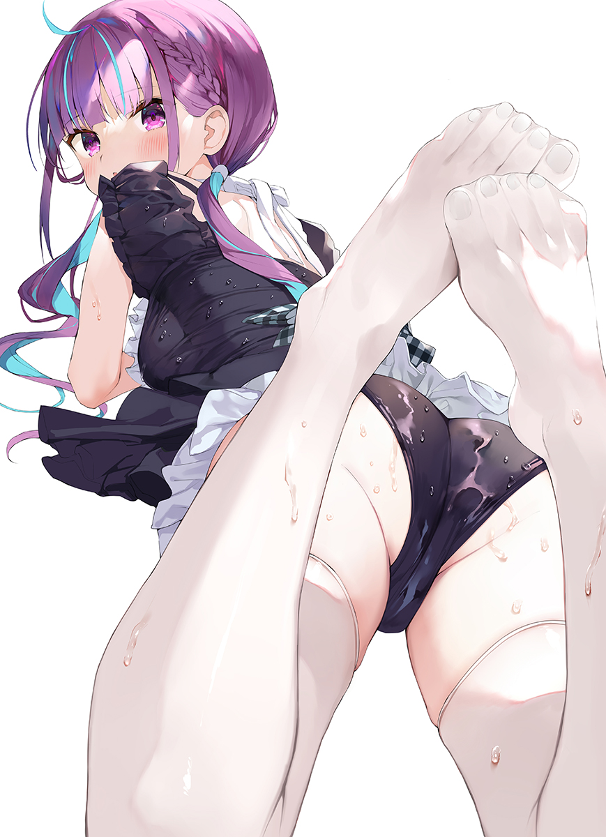 1girl ahoge ass bangs blue_hair blue_swimsuit blush braid breasts commentary frilled_swimsuit frills from_behind highres hololive looking_at_viewer looking_back low_twintails maid maid_swimsuit matsui_hiroaki medium_breasts minato_aqua multicolored_hair one-piece_swimsuit open_mouth parted_lips purple_hair see-through simple_background skindentation solo swimsuit thigh-highs twintails two-tone_hair violet_eyes virtual_youtuber water_drop wet white_background