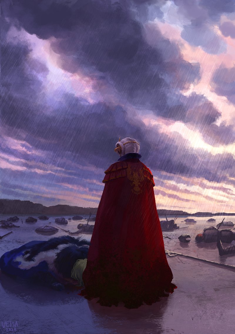 1boy 1girl after_battle armor blonde_hair cape clouds cloudy_sky defeat dimitri_alexandre_blaiddyd double_bun edelgard_von_hresvelg fire_emblem fire_emblem:_three_houses fur_cape rain red_cape shycaracal silver_hair sky standing sunrise weapon