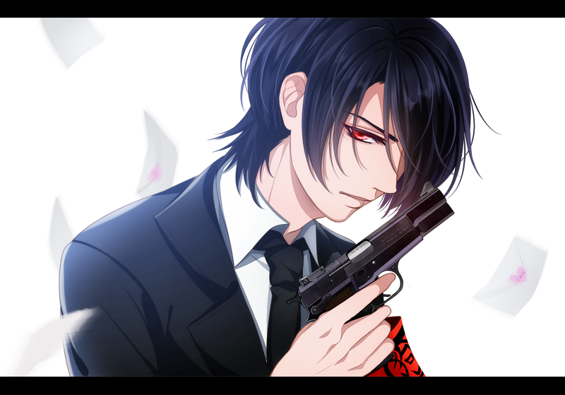 1boy armband bangs black_hair gugure!_kokkuri-san gun handgun holding holding_gun holding_weapon inugami_(gugukoku) letterboxed looking_at_viewer love_letter necktie pistol red_eyes shirt short_hair simple_background solo upper_body weapon white_background white_shirt wii_hola