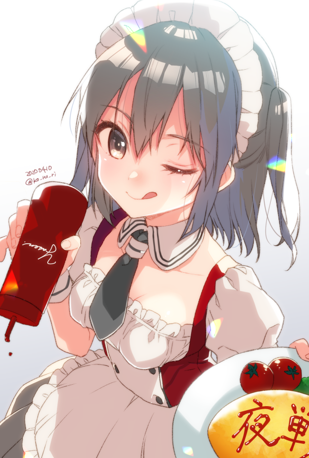 1girl adapted_costume alternate_costume apron black_hair black_neckwear brown_eyes cherry_tomato dated detached_collar enmaided food hair_between_eyes holding holding_plate kantai_collection ketchup koruri maid maid_apron maid_dress maid_headdress necktie omelet one_eye_closed plate puffy_short_sleeves puffy_sleeves sendai_(kantai_collection) short_hair short_sleeves smile solo tomato tongue tongue_out twitter_username two_side_up