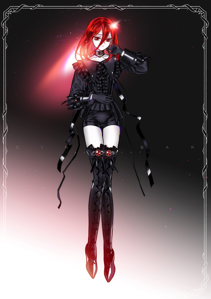 1other artist_name black_background black_footwear black_gloves black_ribbon black_shirt bloodcat_(babacatcat) boots border center_frills character_name choker cinnabar closed_mouth collarbone cross-laced_footwear formal frilled_shirt_collar frilled_sleeves frills frown full_body gem gloves gradient gradient_background hair_between_eyes hand_on_own_stomach hand_up houseki_no_kuni lace-up_boots long_sleeves looking_at_viewer medium_hair red_eyes redhead ribbon shinsha_(houseki_no_kuni) shirt solo thigh-highs thigh_boots thigh_gap