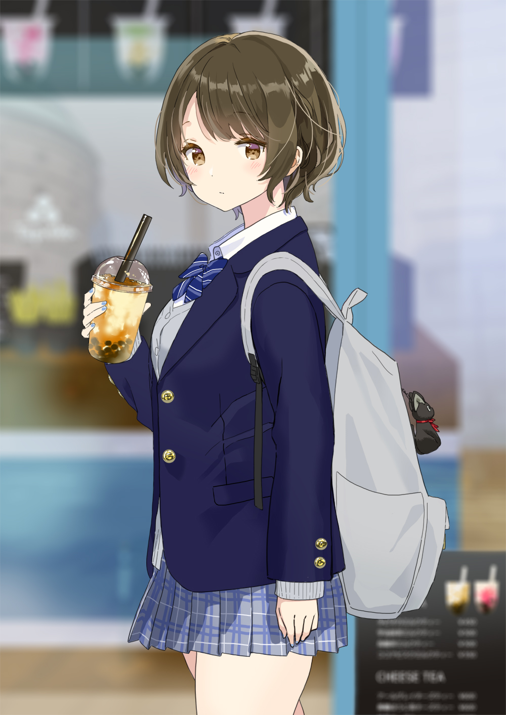 1girl backpack bag bangs black_cat blazer blue_jacket blue_nails blue_skirt blurry blurry_background bob_cut brown_hair bubble_tea cafe cat closed_mouth commentary cup drinking_straw expressionless from_side grey_backpack grey_sweater_vest hair_strand hanae_haruka highres holding holding_cup holding_drink jacket jiji_(majo_no_takkyuubin) light_blush looking_at_viewer looking_to_the_side majo_no_takkyuubin nail_polish original parted_bangs plaid plaid_skirt pleated_skirt red_ribbon ribbon school_uniform short_hair sign skirt solo sweater_vest