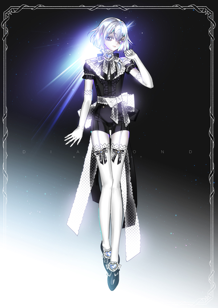 1other arm_at_side artist_name black_background black_bow black_footwear black_shirt black_shorts bloodcat_(babacatcat) border bow brooch center_frills character_name closed_mouth diamond_(houseki_no_kuni) elbow_gloves eyelashes formal frilled_sleeves frills full_body gem gloves gradient gradient_background grey_bow grey_eyes grey_neckwear hand_up head_tilt heart houseki_no_kuni jewelry looking_at_viewer neck_ribbon neck_ruff polka_dot polka_dot_ribbon puffy_short_sleeves puffy_sleeves ribbon see-through shirt shoes short_hair short_sleeves shorts silver_hair smile solo thigh-highs thigh_gap violet_eyes white_bow white_gloves white_legwear