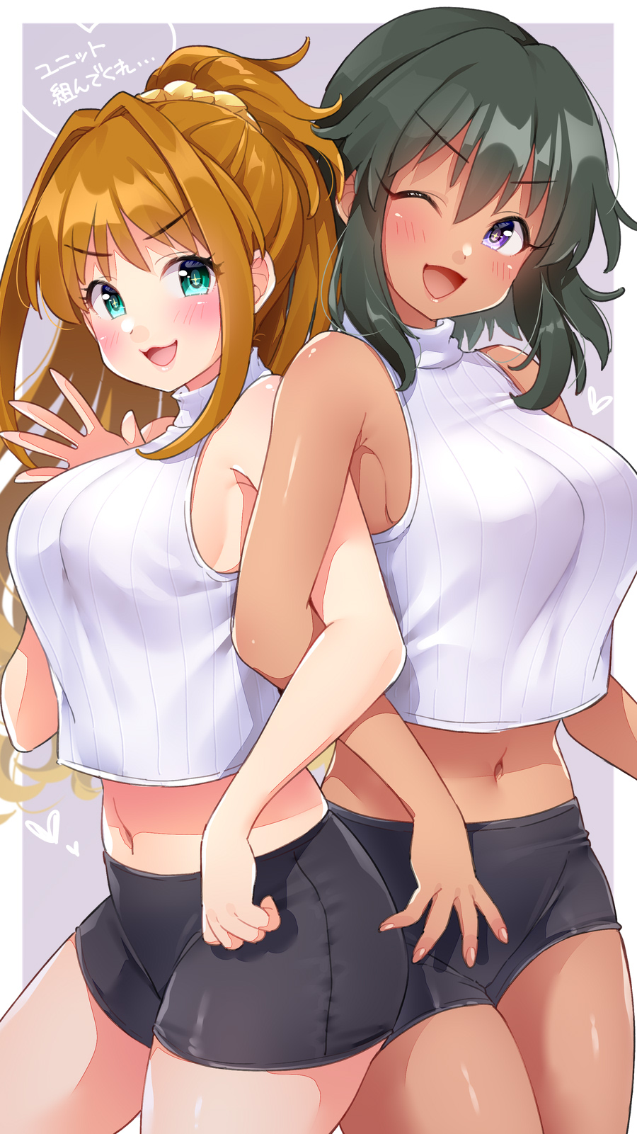 2girls :3 :d ;d bare_shoulders bike_shorts black_shorts breasts commentary_request cowboy_shot crop_top dark_skin green_eyes green_hair highres hino_akane_(idolmaster) idolmaster idolmaster_cinderella_girls large_breasts locked_arms long_hair looking_at_viewer midriff mio_(mgr300) multiple_girls natalia_(idolmaster) navel one_eye_closed open_mouth orange_hair ponytail shirt short_shorts shorts side-by-side sleeveless sleeveless_shirt sleeveless_turtleneck smile stomach turtleneck v-shaped_eyebrows violet_eyes white_shirt