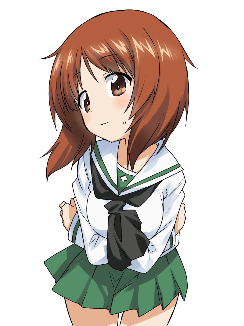 1girl bangs black_neckwear blouse blush breast_hold breasts brown_eyes brown_hair closed_mouth commentary cowboy_shot eyebrows_visible_through_hair frown girls_und_panzer green_skirt head_tilt leaning_forward long_sleeves looking_at_viewer miniskirt neckerchief nishizumi_miho ooarai_school_uniform pleated_skirt school_uniform serafuku short_hair simple_background skirt solo standing sweatdrop take_shinobu white_background white_blouse