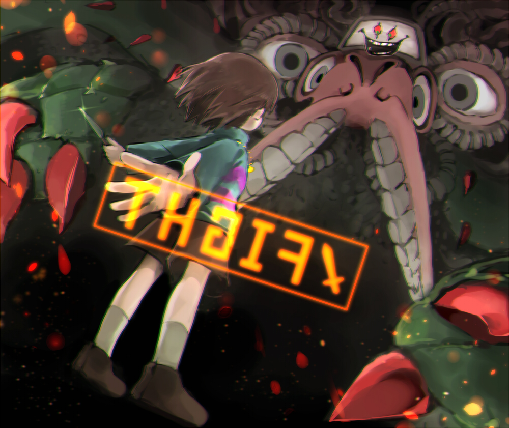 1boy 1other artist_request black_background blurry claws eye_contact eyes frisk_(undertale) gameplay_mechanics holding holding_knife holding_weapon jewelry knife locket looking_at_another omega_flowey open_mouth pendant photoshop_flowey shoes simple_background smile socks spoilers teeth undertale weapon