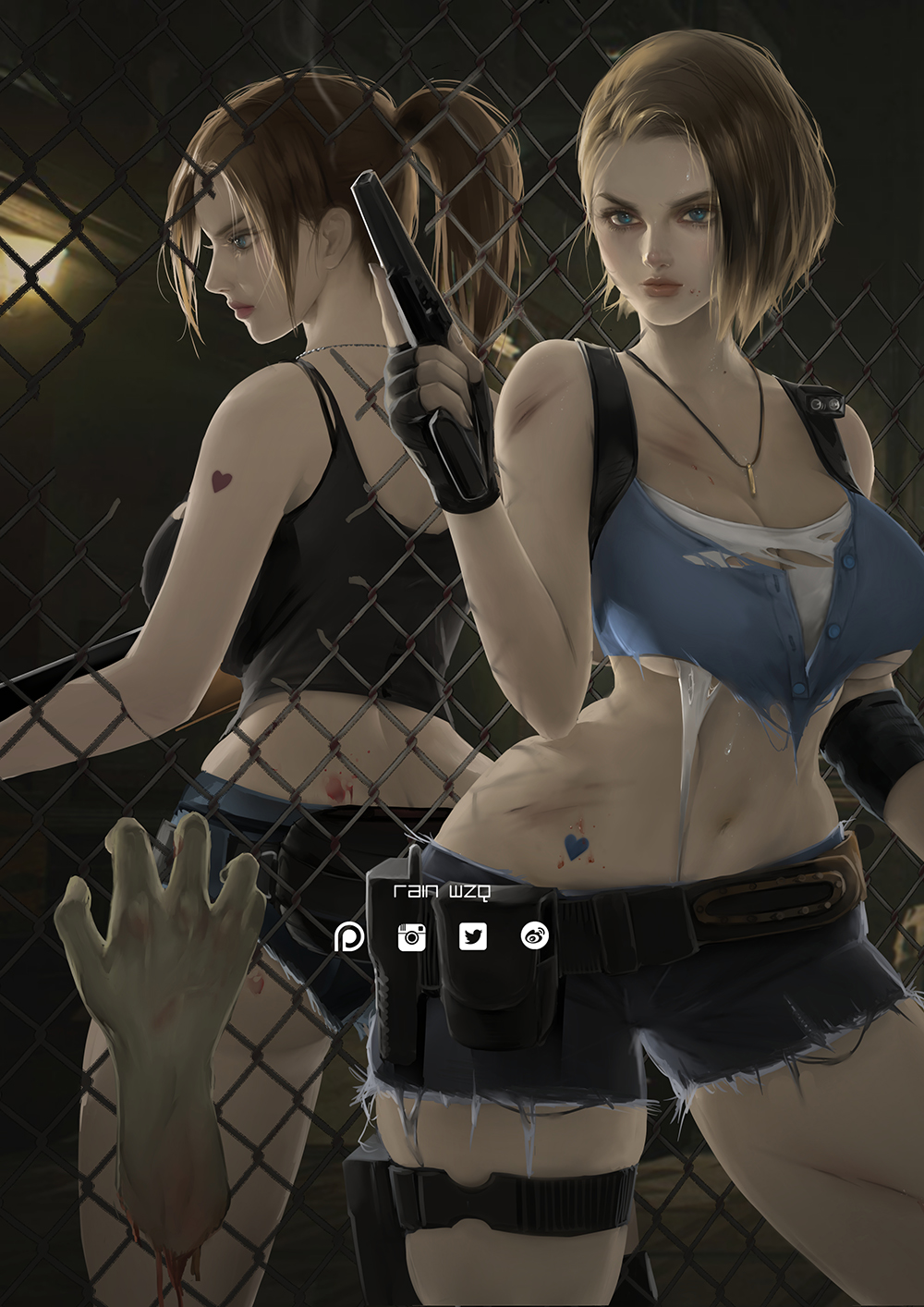 2girls ass back-to-back bare_shoulders black_tank_top blue_eyes blue_tank_top breasts brown_hair bruise chain-link_fence claire_redfield commentary crop_top denim denim_shorts dirty fence fingerless_gloves gloves gun handgun high_ponytail highres holding holding_gun holding_weapon injury jewelry jill_valentine large_breasts long_hair midriff multiple_girls navel necklace pistol ponytail rain_wzq resident_evil shorts sidelocks stomach thick_thighs thigh_strap thighs torn_clothes under_boob weapon zombie