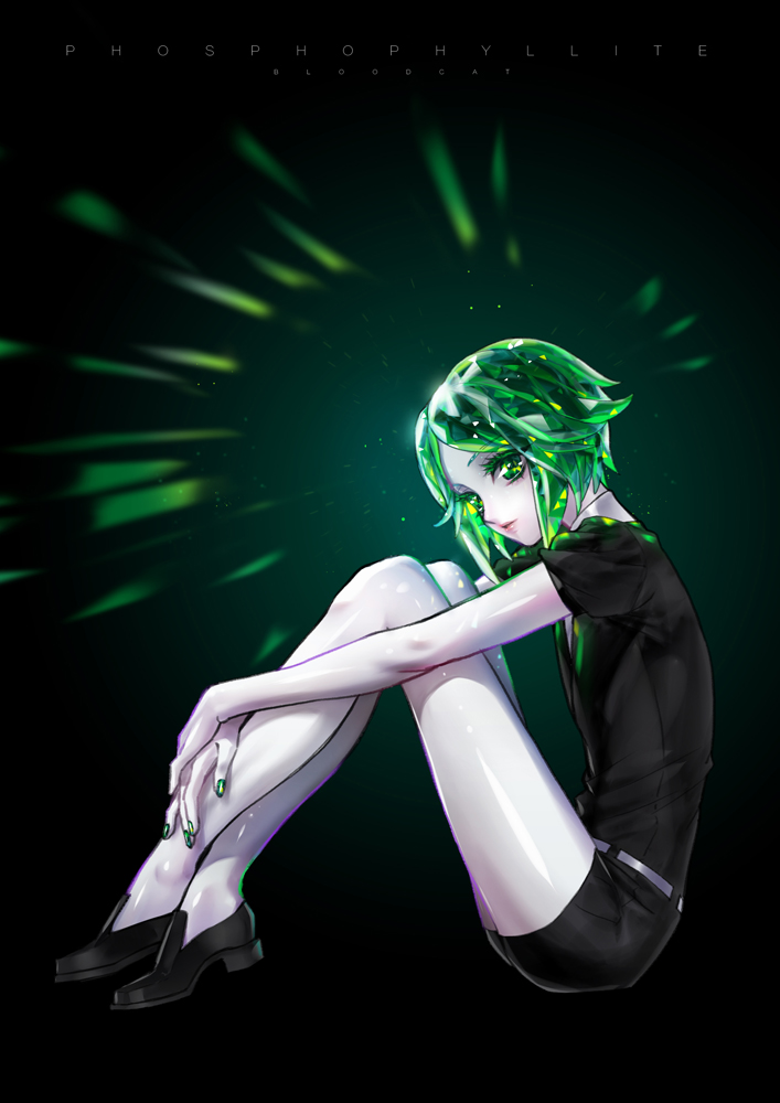 1other androgynous bare_legs belt black_background black_footwear bloodcat_(babacatcat) character_name colored_eyelashes crystal_hair from_side full_body gem_uniform_(houseki_no_kuni) green_background green_eyes green_hair green_nails houseki_no_kuni leg_hug light_particles looking_at_viewer necktie phosphophyllite shoes short_hair shorts sitting solo sparkle