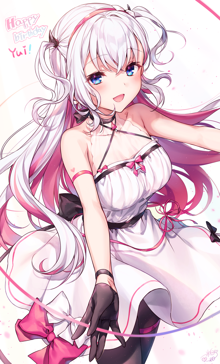 1girl :d avatar_2.0_project bare_shoulders black_choker black_gloves black_legwear blue_eyes blush bow breasts choker dress eyebrows_visible_through_hair gloves hair_between_eyes hair_ribbon hairband happy_birthday highres komeshiro_kasu long_hair looking_at_viewer multicolored_hair musubime_yui open_mouth pantyhose pink_bow pink_hair ribbon silver_hair simple_background smile thigh_strap two-tone_hair two_side_up white_background white_dress