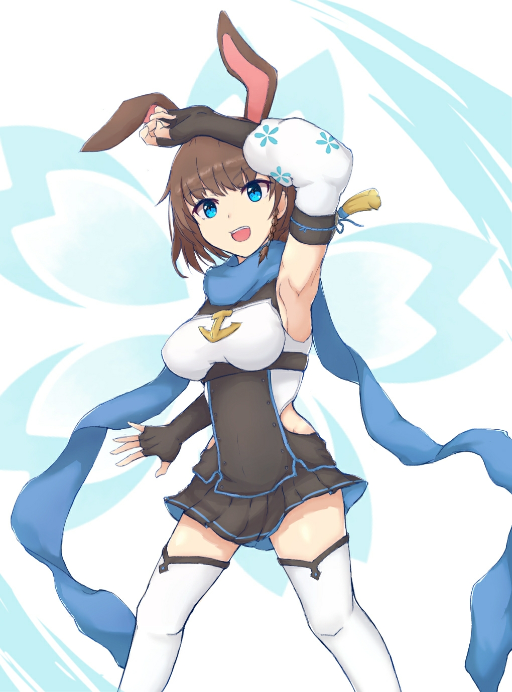 1girl :d anchor_symbol animal_ears arm_over_head armpits azur_lane bangs black_gloves black_skirt blue_eyes blue_scarf braid braided_ponytail breasts brown_hair chikuma_(azur_lane) commentary_request cowboy_shot detached_sleeves eyebrows_visible_through_hair fingerless_gloves floral_print gloves groin highres looking_at_viewer medium_breasts open_mouth pleated_skirt rabbit_ears sakura_empire_(emblem)_(azur_lane) scarf short_hair side_braid side_cutout sideboob sidelocks skirt sleeveless smile solo standing thigh-highs underbust upper_teeth utsusemi_(sola) white_background white_legwear zettai_ryouiki