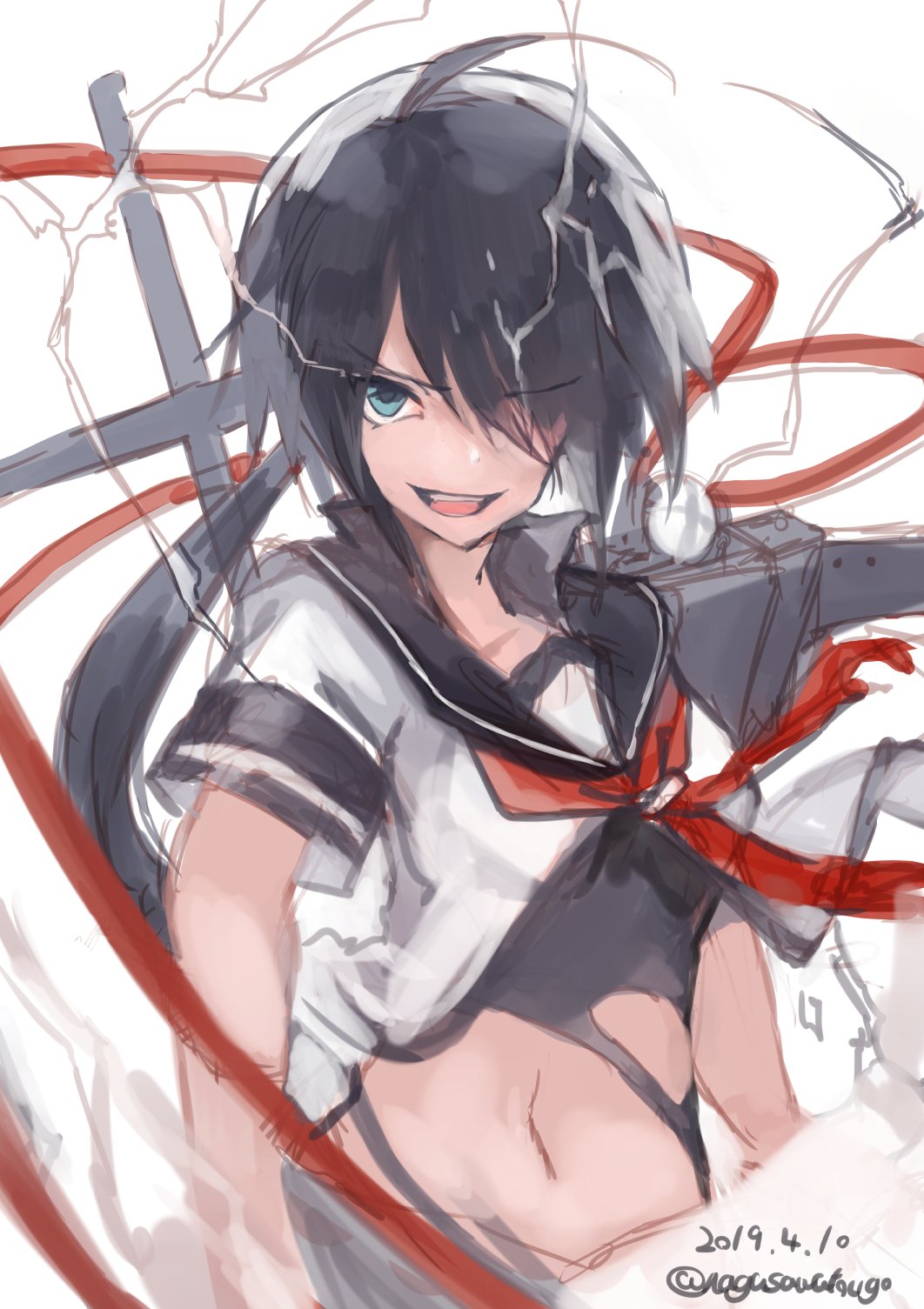 1girl black_hair black_sailor_collar black_serafuku blue_eyes blush bodysuit breasts eyebrows_visible_through_hair hair_between_eyes hair_ornament hair_over_one_eye highres kako_(kantai_collection) kantai_collection kerchief long_hair looking_at_viewer medium_breasts messy_hair nagasawa_tougo navel open_mouth pleated_skirt ponytail remodel_(kantai_collection) ribbon sailor_collar school_uniform serafuku short_sleeves simple_background skirt smile solo torn_bodysuit torn_clothes under_boob white_background