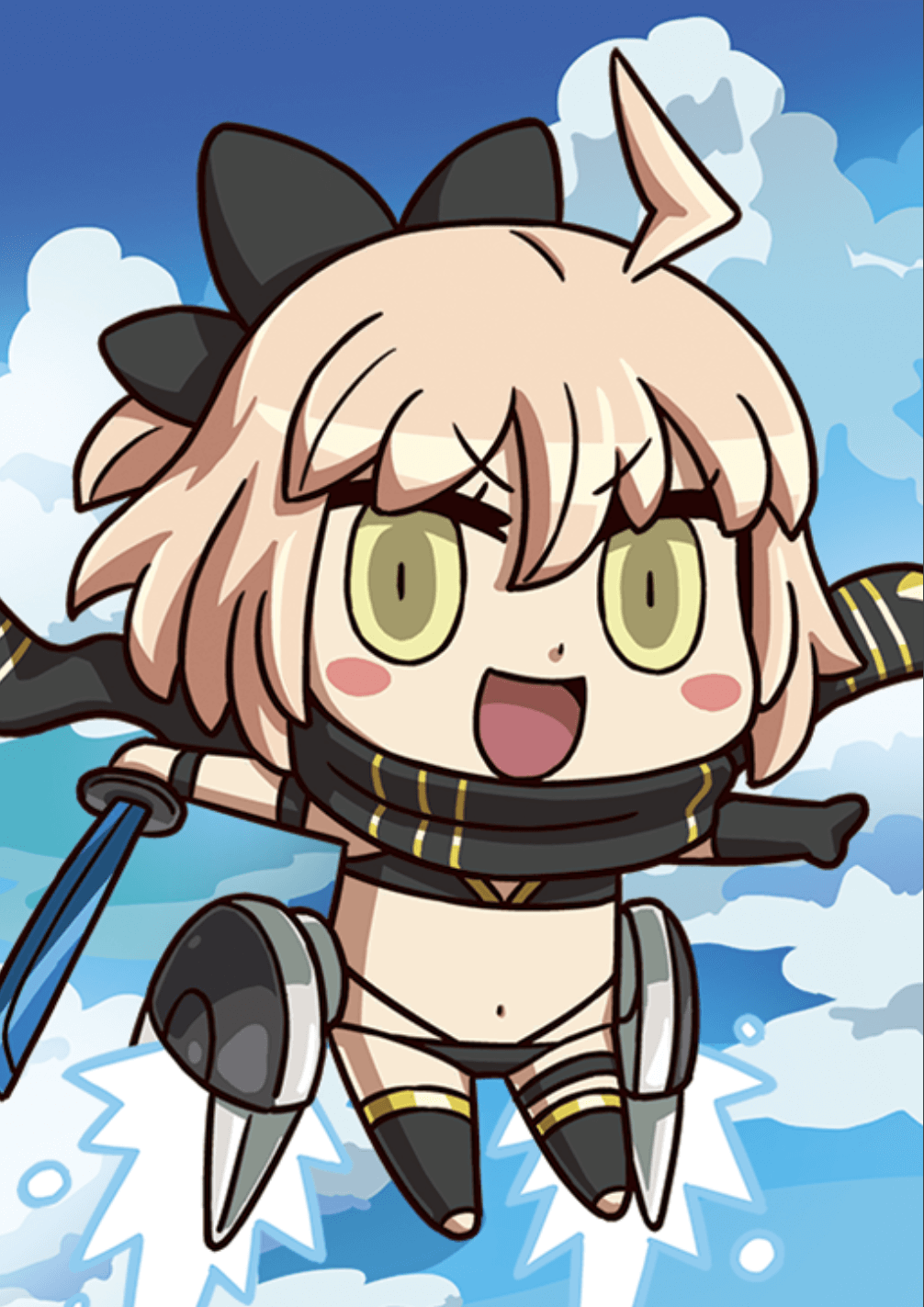 1girl ahoge aircraft airplane april_fools bikini black_bikini black_bow black_gloves blonde_hair blush_stickers bow chibi fate/grand_order fate_(series) gloves hair_bow highres jet looking_at_viewer medium_hair official_art okita_souji_(fate)_(all) okita_souji_(swimsuit_assassin)_(fate) outstretched_arms riyo_(lyomsnpmp) single_glove smile solo swimsuit water yellow_eyes