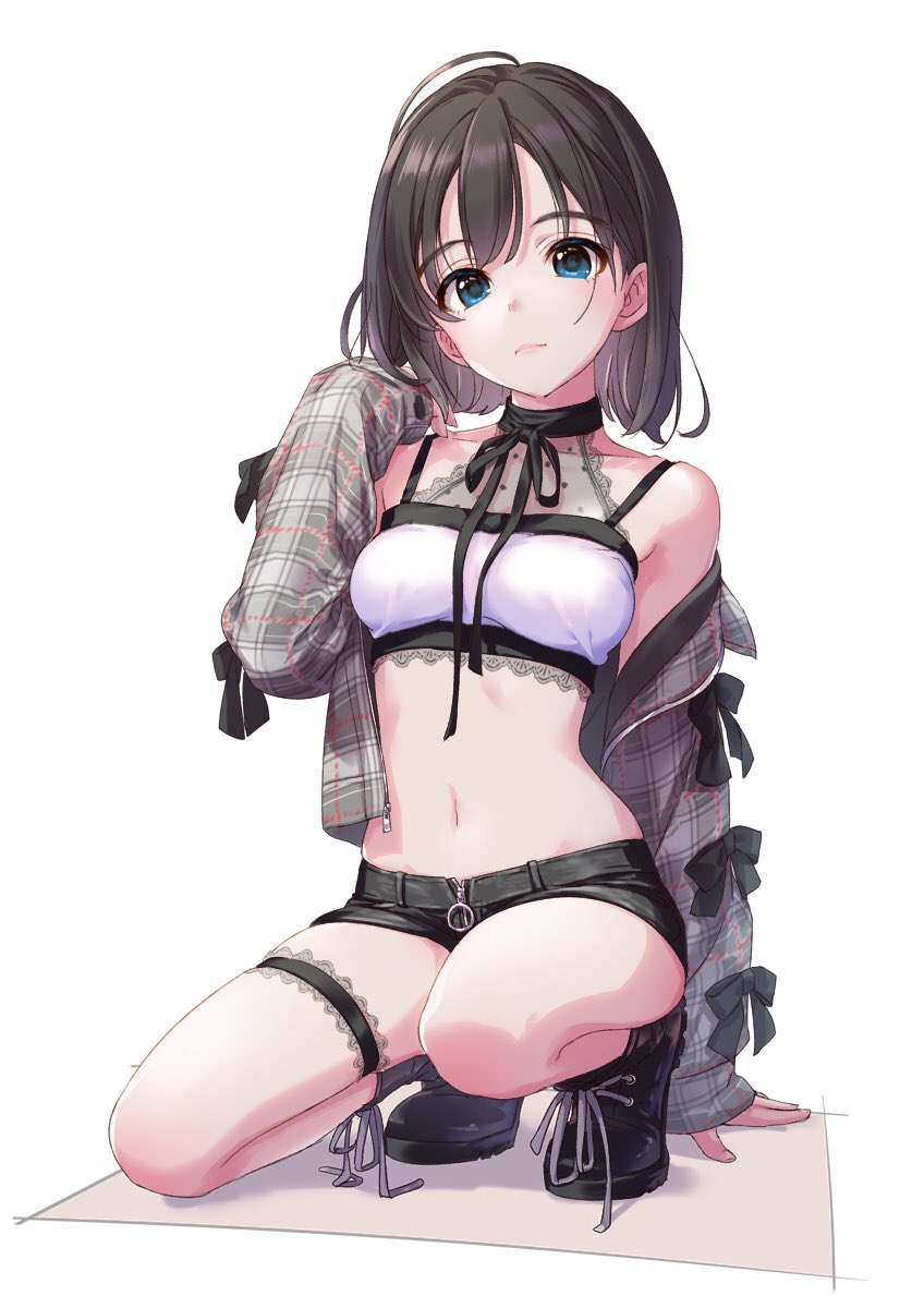 1girl annindoufu_(oicon) bare_shoulders black_footwear black_hair black_shorts blue_eyes boots breasts check_copyright choker crop_top expressionless grey_jacket hand_up highres jacket lace_trim long_sleeves looking_at_viewer medium_breasts midriff navel off_shoulder open_clothes open_jacket original plaid shirt short_hair short_shorts shorts simple_background skindentation sleeveless sleeveless_shirt solo spaghetti_strap squatting stomach thigh_strap thighs white_background white_shirt