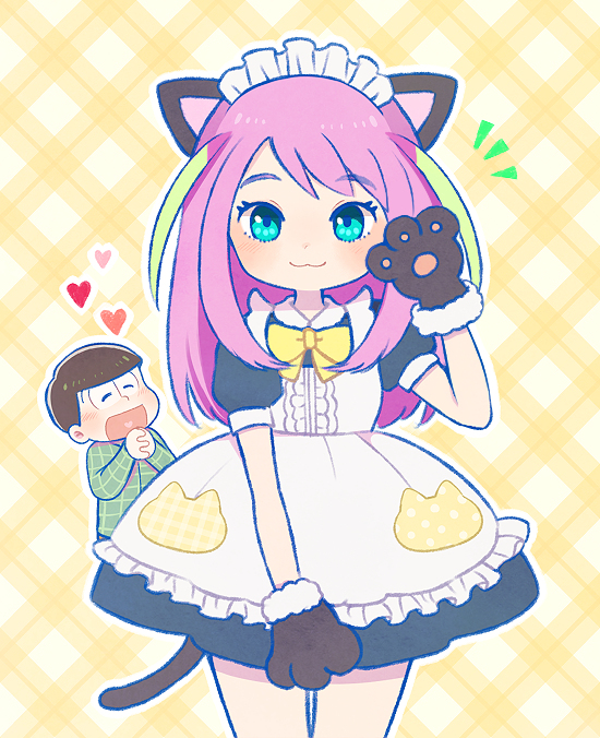 1boy 1girl :3 :d alternate_costume animal_ears apron ayu_(mog) black_dress blue_eyes blush brown_hair cat_ears cat_tail closed_eyes cowboy_shot dress enmaided eyebrows_visible_through_hair gloves hand_up hashimoto_nyaa heart heart_in_mouth interlocked_fingers kemonomimi_mode long_hair looking_at_viewer maid maid_apron maid_headdress matsuno_juushimatsu multicolored_hair notice_lines open_mouth osomatsu-san paw_gloves paws pink_hair puffy_short_sleeves puffy_sleeves short_sleeves smile solo_focus standing streaked_hair tail yellow_background