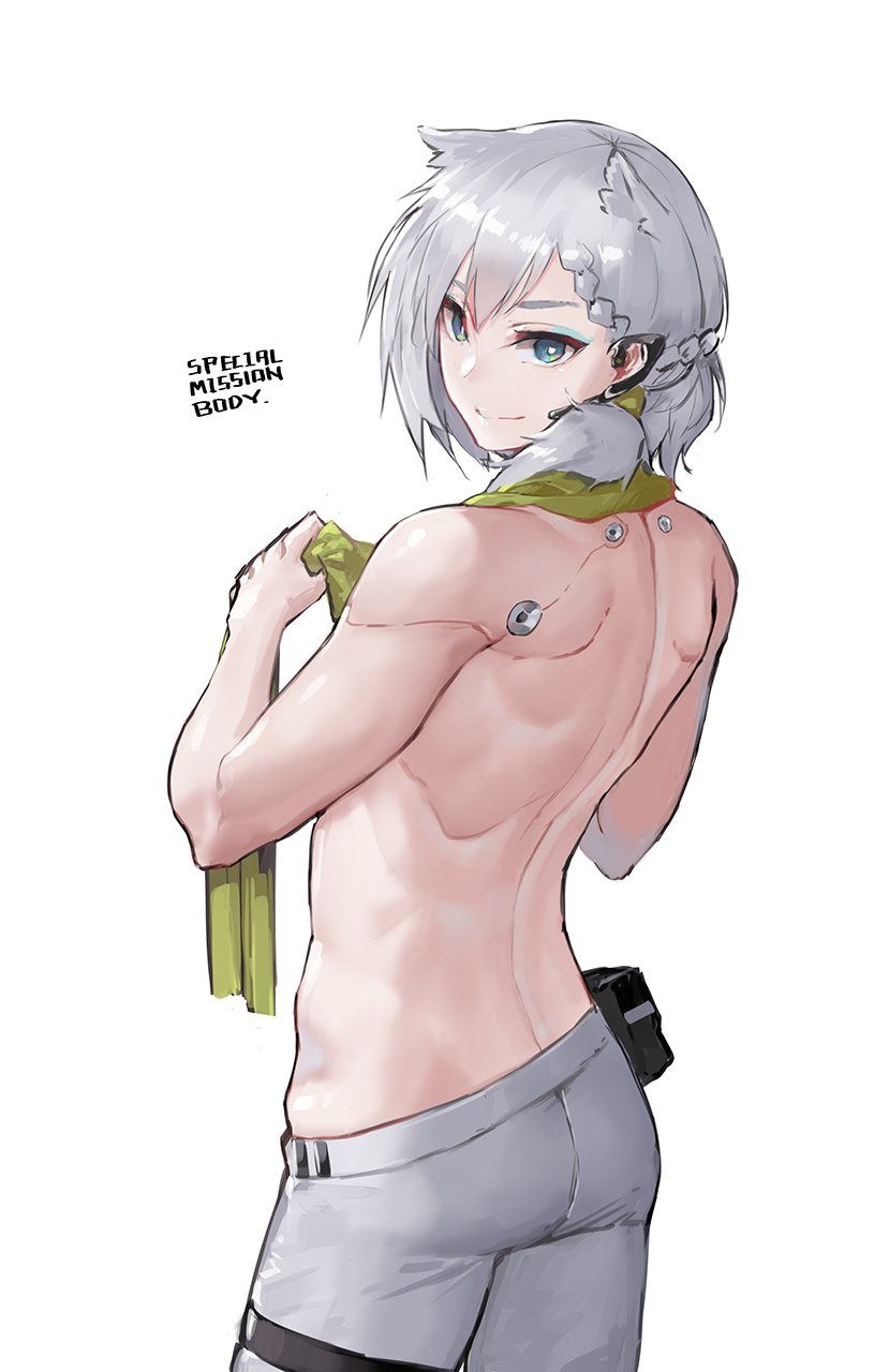 1girl animal_ears back blue_eyes braid bright_pupils contrapposto cowboy_shot doll_joints earphones english_text from_behind girls_frontline grey_hair grey_pants highres ksvk_(girls_frontline) looking_at_viewer looking_back microphone muscle muscular_female pandea_work pants pouch simple_background smile solo standing toned topless towel towel_around_neck white_background