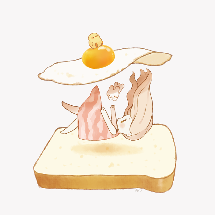 1girl ayu_(mog) bacon barefoot bird brown_hair chick dress falling food fried_egg from_side long_hair original personification pink_dress rabbit simple_background solo surreal toast white_background |_|