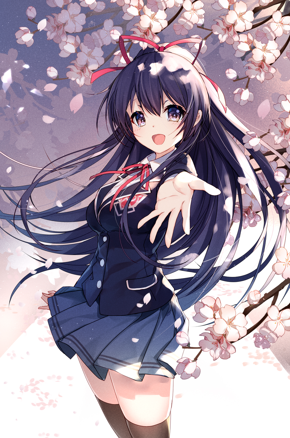 1girl :d bangs bison_cangshu black_hair black_jacket black_legwear blazer blush breasts brown_eyes cherry_blossoms date_a_live emblem gradient gradient_background grey_background grey_skirt hair_ribbon high_ponytail highres jacket long_hair long_sleeves medium_breasts miniskirt neck_ribbon open_mouth outstretched_arm palms pleated_skirt red_neckwear red_ribbon ribbon school_uniform skirt smile solo thigh-highs very_long_hair yatogami_tooka zettai_ryouiki