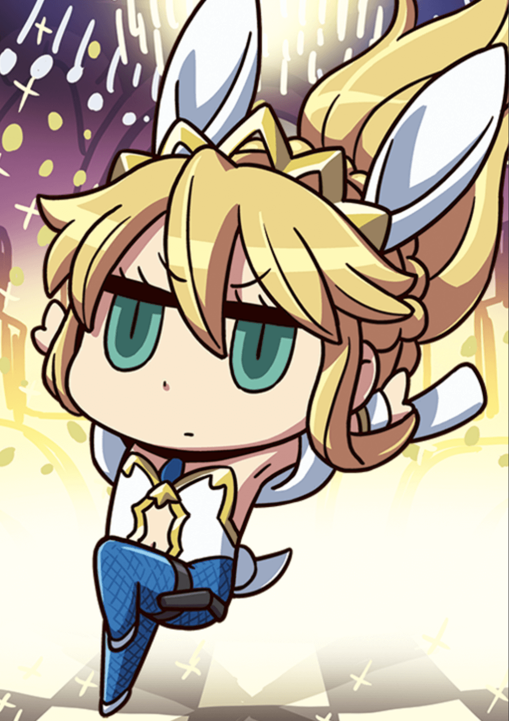 1girl animal_ears april_fools artoria_pendragon_(all) artoria_pendragon_(swimsuit_ruler)_(fate) blonde_hair blue_legwear braid chibi expressionless fake_animal_ears fate/grand_order fate_(series) french_braid green_eyes hair_between_eyes highres leotard long_hair navel official_art outstretched_arms rabbit_ears riyo_(lyomsnpmp) solo v-shaped_eyebrows white_leotard