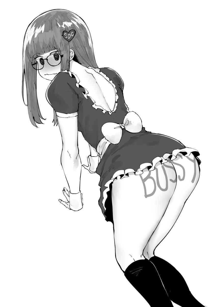 1girl @_@ all_fours alternate_costume apron ass back bangs bare_back blunt_bangs blush body_writing breasts commentary commission dakota_(dkooters) english_commentary enmaided full-face_blush glasses greyscale hair_ornament hairclip highres kneehighs kneepits long_hair looking_at_viewer looking_back maid monochrome no_bra no_panties norman_maggot original orz small_breasts solo waist_apron wrist_cuffs