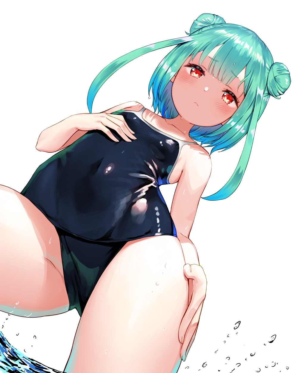 1girl :&lt; alternate_costume bare_shoulders blue_swimsuit blush breasts collarbone covered_navel cowboy_shot double_bun dutch_angle eyebrows_visible_through_hair from_below green_hair hand_on_own_chest hand_on_own_thigh hand_up heart heart-shaped_pupils highres hololive looking_at_viewer one-piece_swimsuit red_eyes school_swimsuit small_breasts solo swimsuit symbol-shaped_pupils thighs uruha_rushia virtual_youtuber water water_drop wet white_background yasuyuki