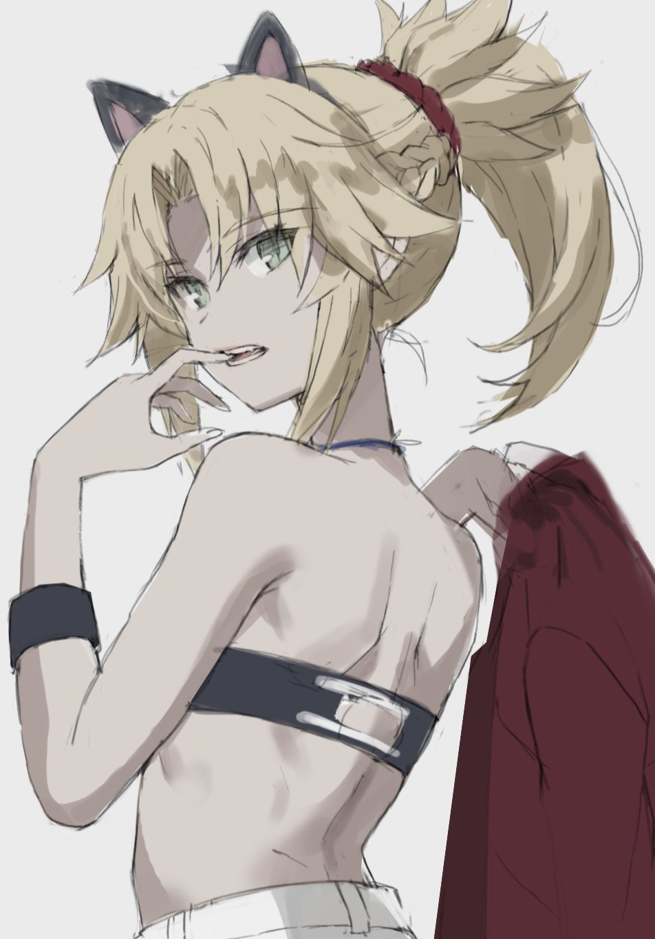 1girl animal_ears back bandeau bangs bare_shoulders blonde_hair braid breasts cat_ears fate/apocrypha fate_(series) french_braid green_eyes hair_ornament hair_scrunchie highres jewelry long_hair looking_at_viewer looking_back mordred_(fate) mordred_(fate)_(all) necklace open_mouth ponytail red_scrunchie scrunchie sidelocks simple_background small_breasts solo tonee