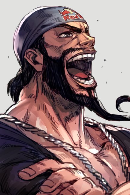 1boy alternate_costume bandana beard black_hair crossed_arms facial_hair fingernails grey_background grey_eyes hankuri laughing male_focus muscle mustache open_mouth rashid_(street_fighter) red_bull simple_background solo street_fighter street_fighter_v upper_body