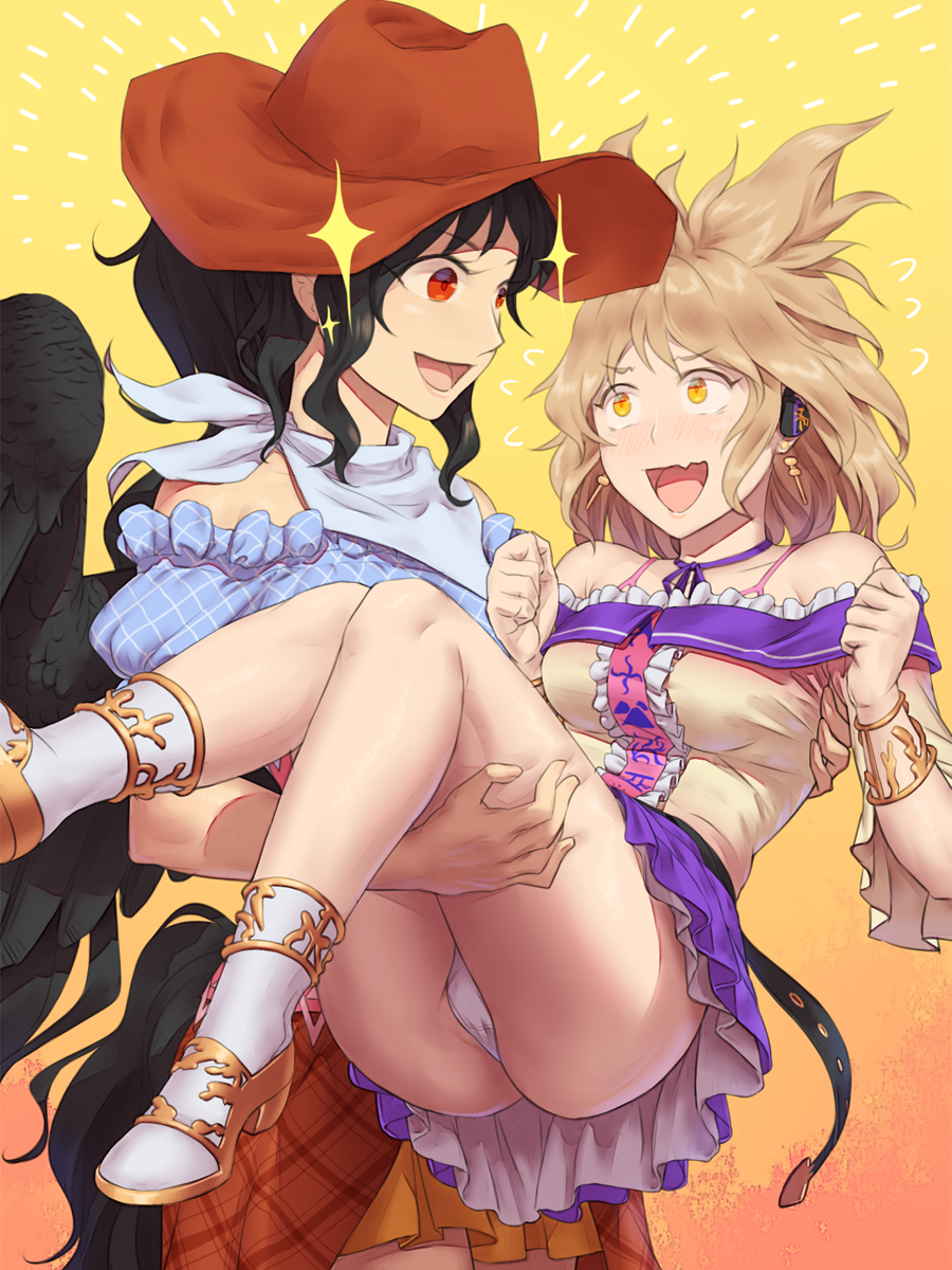 2girls adapted_costume ass bandana bare_legs bare_shoulders belt black_hair black_wings blue_shirt blush bra bracelet breasts brown_headwear brown_shirt brown_skirt carrying choker clenched_hands commentary_request cowboy_hat earmuffs earrings fang feathered_wings flying_sweatdrops gradient gradient_background hat highres horse_tail jewelry kurokoma_saki light_brown_hair long_hair medium_breasts miniskirt multiple_girls nose_blush open_mouth orange_background panties pink_bra pointy_hair princess_carry puffy_short_sleeves puffy_sleeves purple_skirt red_eyes ribbon_choker shinburu shirt short_sleeves skin_fang skirt smile socks sparkle strapless tail touhou toyosatomimi_no_miko underwear white_legwear white_panties wings yellow_background yellow_eyes