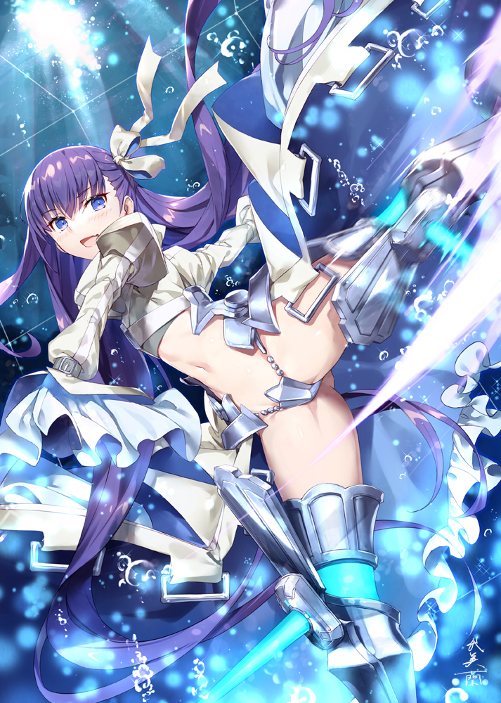 1girl ass_visible_through_thighs bangs blue_eyes blush bubble commentary_request fate/extra fate/extra_ccc fate/grand_order fate_(series) gabiran hair_ribbon kicking long_hair looking_at_viewer meltryllis navel purple_hair ribbon sleeves_past_fingers sleeves_past_wrists smile solo very_long_hair