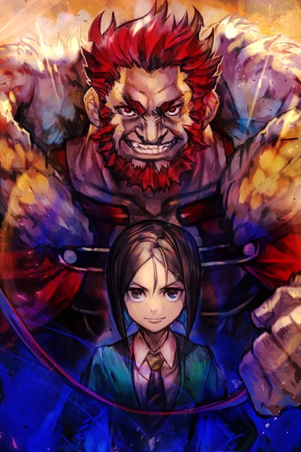 2boys beard black_eyes black_hair cape clenched_hand closed_mouth collared_shirt facial_hair fate/zero fate_(series) green_jacket grin hankuri height_difference jacket long_sleeves looking_at_viewer male_focus multiple_boys necktie red_eyes redhead rider_(fate/zero) shirt smile waver_velvet white_shirt wing_collar