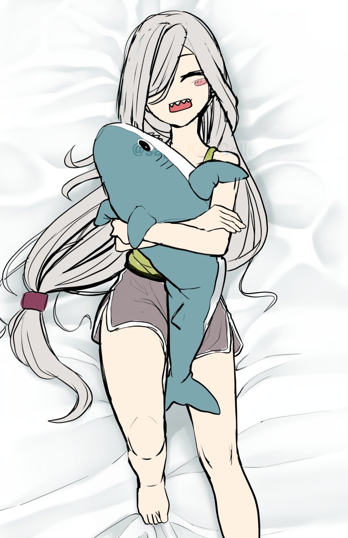 1girl ahoge asashimo_(kancolle) barefoot bed closed_eyes doll_hug grey_shorts hair_over_one_eye kantai_collection long_hair saga_(saga_kancolle) sharp_teeth shorts silver_hair sleepwear solo stuffed_animal stuffed_shark stuffed_toy teeth