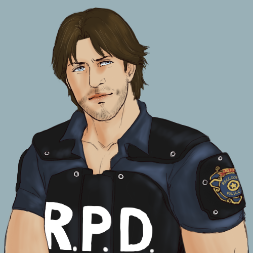 1boy beard blue_background blue_eyes brown_hair detectivepardo facial_hair kevin_ryman lowres police police_uniform resident_evil resident_evil_outbreak solo uniform