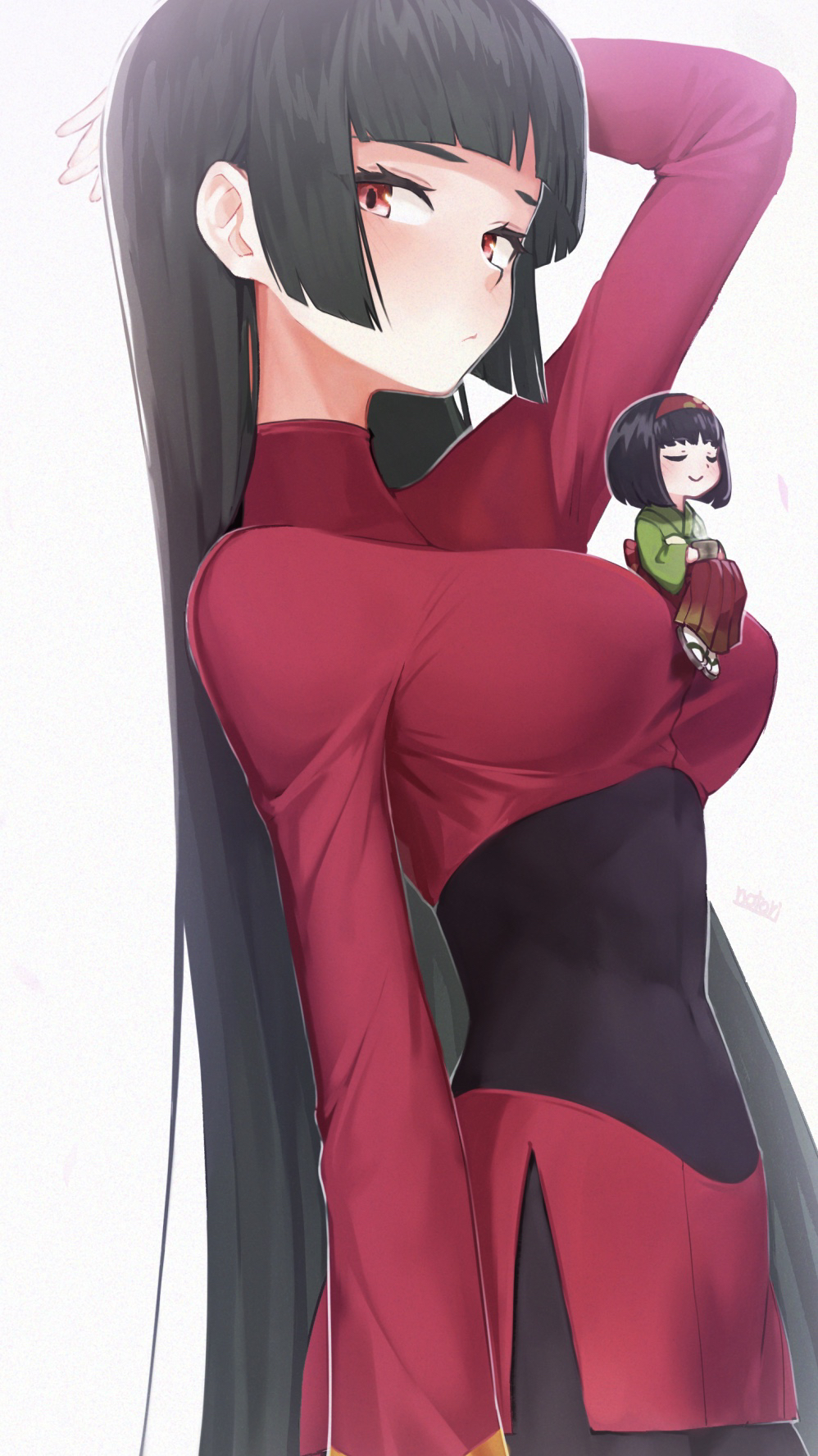 2girls bangs black_bodysuit blunt_bangs bodysuit bodysuit_under_clothes breasts closed_eyes commentary_request covered_navel crop_top erika_(pokemon) from_side green_kimono hairband hakama highres japanese_clothes kimono large_breasts long_hair long_sleeves looking_at_viewer looking_to_the_side minigirl miniskirt multiple_girls natsume_(pokemon) notori_d pantyhose pokemon red_eyes red_hairband red_hakama red_skirt revision short_hair side_slit simple_background sitting skirt straight_hair very_long_hair white_background