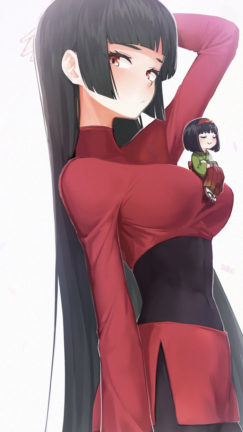 2girls bangs black_bodysuit blunt_bangs bodysuit bodysuit_under_clothes breasts closed_eyes commentary_request covered_navel crop_top erika_(pokemon) from_side green_kimono hairband hakama highres japanese_clothes kimono large_breasts long_hair long_sleeves looking_at_viewer looking_to_the_side minigirl miniskirt multiple_girls natsume_(pokemon) notori_d red_eyes red_hairband red_hakama red_skirt short_hair side_slit simple_background sitting skirt straight_hair very_long_hair white_background