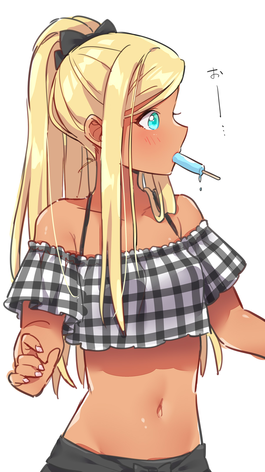 1girl aqua_eyes bare_shoulders blonde_hair bow bra_strap breasts collarbone crop_top dark_skin food hair_bow highres idolmaster idolmaster_cinderella_girls layla_(idolmaster) long_hair looking_away midriff mio_(mgr300) mouth_hold navel off-shoulder_shirt off_shoulder plaid ponytail popsicle profile shirt sidelocks simple_background small_breasts solo stomach upper_body white_background