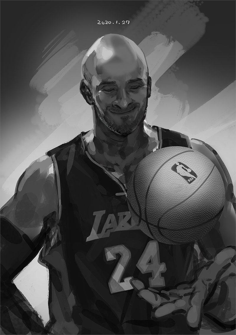 1boy ball basketball basketball_jersey basketball_uniform burari closed_eyes commentary dark_skin dated detached_sleeves english_commentary facial_hair greyscale kobe_bryant los_angeles_lakers male_focus monochrome national_basketball_association single_detached_sleeve solo sportswear stubble very_dark_skin