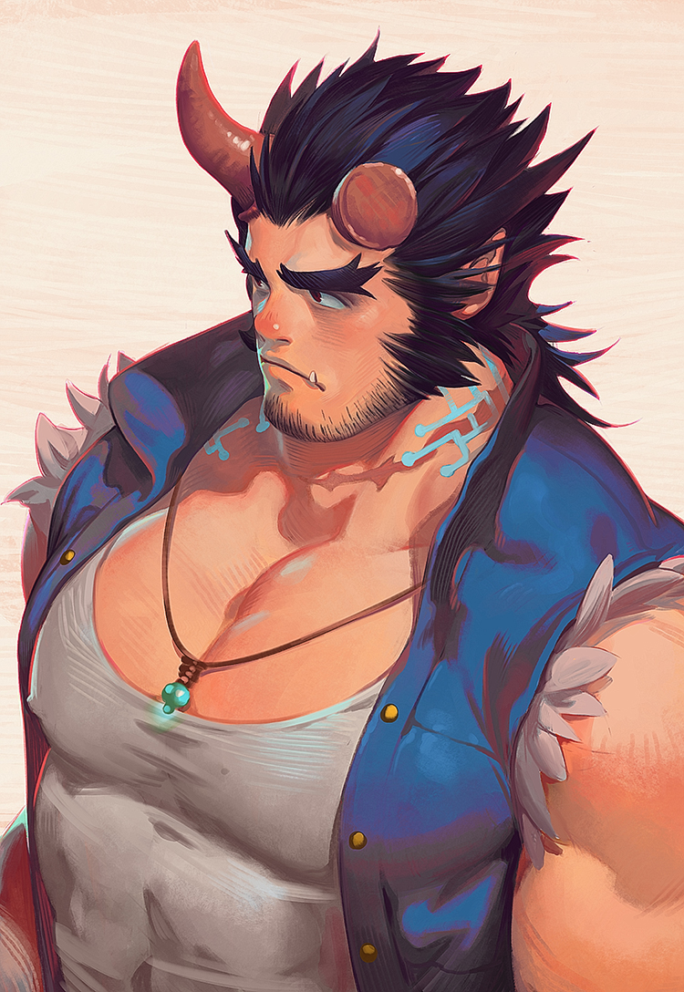 1boy abs bara beard black_hair chest covered_nipples facial_hair fang horns jewelry looking_to_the_side male_focus muscle necklace neilos pectorals scar simple_background solo takemaru_(tokyo_houkago_summoners) tank_top teeth tokyo_houkago_summoners upper_body