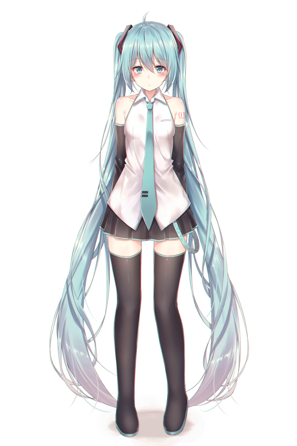 1girl akira_(been0328) bare_shoulders black_footwear black_legwear black_skirt black_sleeves blue_eyes blue_hair blue_neckwear blush boots closed_mouth collared_shirt commentary detached_sleeves full_body hatsune_miku highres long_hair looking_at_viewer necktie pleated_skirt shadow shirt skirt sleeveless sleeveless_shirt solo standing thigh-highs thigh_boots tie_clip twintails very_long_hair vocaloid white_background white_shirt