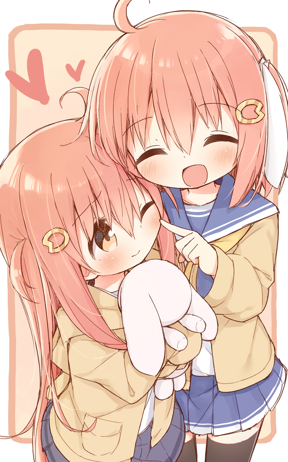 2girls :d ;) ^_^ ahoge ayanepuna bangs black_legwear blue_sailor_collar blue_skirt blush brown_cardigan cardigan cheek_poking closed_eyes commentary_request eyebrows_visible_through_hair hair_between_eyes hair_ribbon heart highres ii_(ayanepuna) long_hair long_sleeves multiple_girls object_hug one_eye_closed one_side_up open_cardigan open_clothes open_mouth original pink_hair pleated_skirt poking ribbon sailor_collar school_uniform serafuku shirt skirt smile stuffed_animal stuffed_bunny stuffed_toy thigh-highs very_long_hair white_ribbon white_shirt yellow_neckwear yune_(ayanepuna)