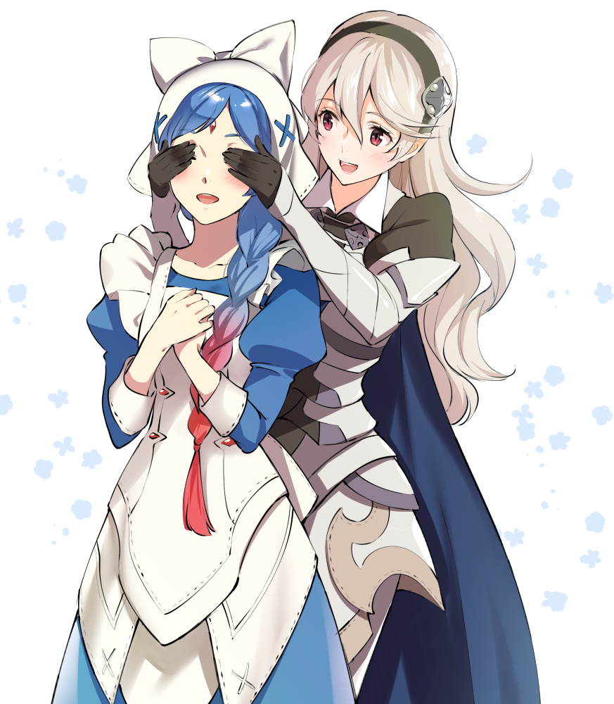 2girls apron armor black_gloves black_hairband blue_cape blue_hair braid cape corrin_(fire_emblem) corrin_(fire_emblem)_(female) covering_another's_eyes fire_emblem fire_emblem_fates gloves gradient_hair hairband lilith_(fire_emblem) long_hair long_sleeves misu_kasumi multicolored_hair multiple_girls open_mouth pointy_ears red_eyes redhead simple_background single_braid white_hair