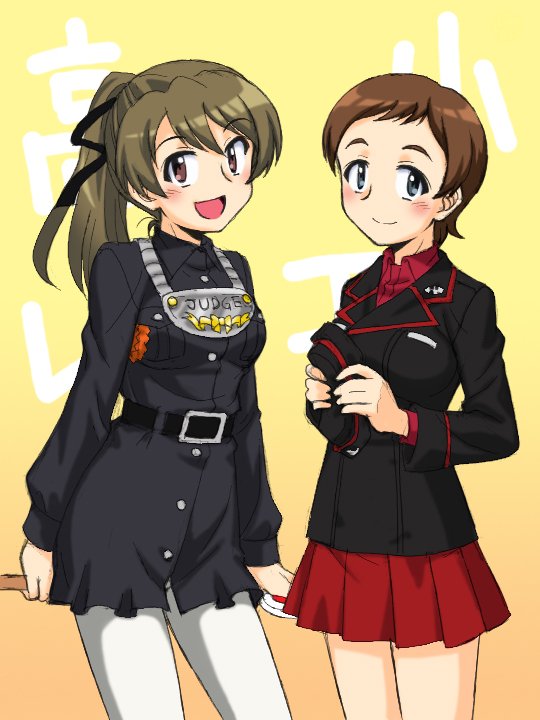 2girls background_text bangs belt black_dress black_headwear black_jacket black_ribbon brown_eyes brown_hair character_name closed_mouth commentary dress dress_shirt english_text garrison_cap girls_und_panzer gradient gradient_background hair_ribbon hat hat_removed headwear_removed holding holding_hat insignia jacket judge kojima_emi kuromorimine_military_uniform long_sleeves looking_at_viewer medallion medium_hair military military_hat military_uniform miniskirt multiple_girls object_behind_back oosaka_kanagawa open_mouth orange_background pantyhose pleated_skirt ponytail red_shirt red_skirt ribbon shirt short_dress short_hair sign skirt smile standing takashima_remi translated uniform very_short_hair white_legwear wing_collar yellow_background