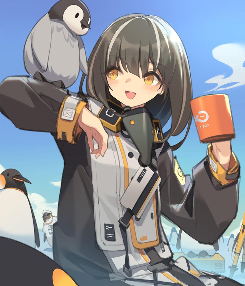 1girl :d animal animal_on_arm arknights bangs bird black_hair black_jacket blue_sky blush brown_eyes clouds commentary_request cup day eyebrows_visible_through_hair hat holding holding_cup jacket long_sleeves magallan_(arknights) mug multicolored_hair open_mouth outdoors penguin shirt short_sleeves sitting sky smile streaked_hair sunglasses white_hair white_headwear white_shirt yura_(botyurara)