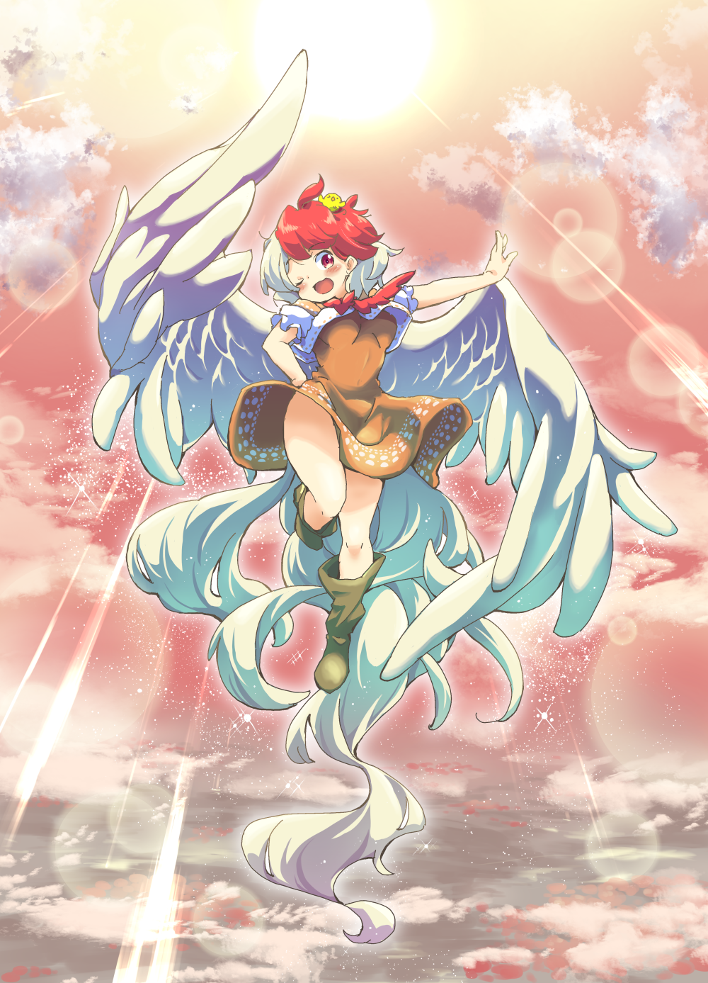 1girl ;d animal_on_head bird bird_tail bird_wings blonde_hair boots breasts chick clouds cloudy_sky commentary_request dress feathered_wings floating full_body highres legs lens_flare looking_at_viewer medium_breasts medium_hair multicolored_hair niwatari_kutaka on_head one_eye_closed open_mouth orange_dress outstretched_arm red_eyes red_sky redhead short_sleeves sky smile solo sun sunlight tanasuke touhou two-tone_hair wings