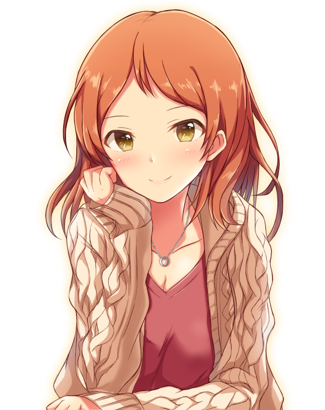 1girl blush cable_knit chin_rest head_on_hand houjou_karen idolmaster idolmaster_cinderella_girls jacket jewelry long_hair looking_at_viewer narunaru1320 necklace orange_hair red_shirt ribbed_sweater shirt sleeves_past_wrists smile solo sweater sweater_jacket yellow_eyes